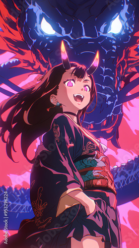 close up anime woman face smiling Dragon Oni sign vertical cinematic background