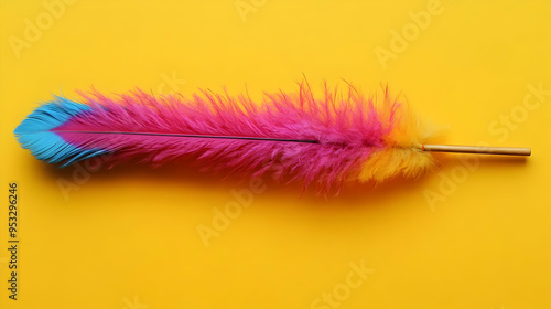 Colorful feather duster on yellow background. photo