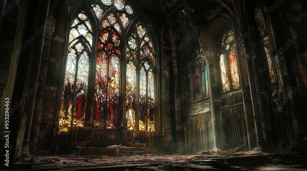 The image depicts the interior of an aged gothic cathedral with stunning, large stained glass windows showcasing intricate designs with primarily red and blue hues. The towering windows allow streams The image depicts the interior of an aged gothic cathedral with stunning, large stained glass windows showcasing intricate designs with primarily red and blue hues. The towering windows allow streams