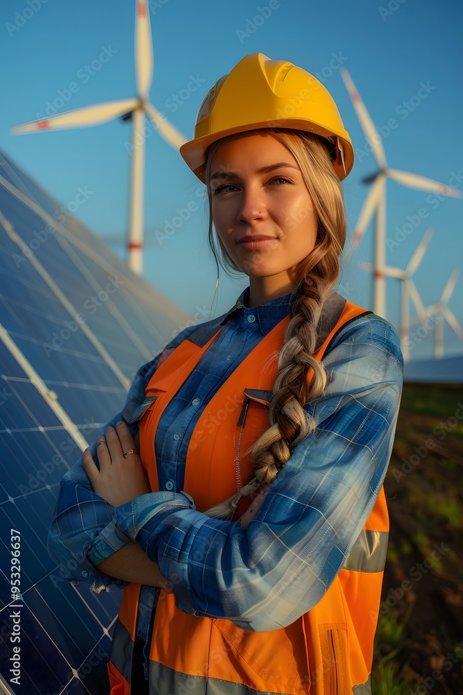 Female Engineer with Hard Hat and Safety Vest Standing in Front of Solar Panels and Wind Turbines Female Engineer with Hard Hat and Safety Vest Standing in Front of Solar Panels and Wind Turbines