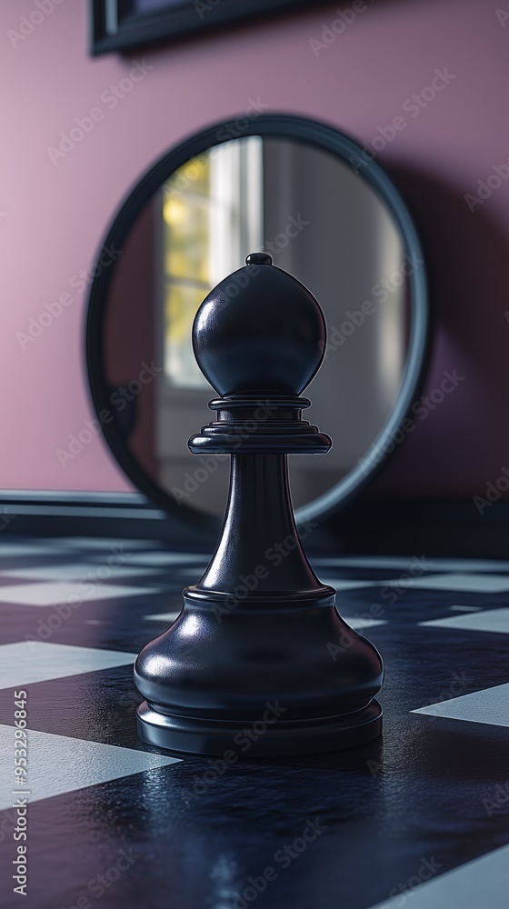 A close-up of a black chess pawn reflecting in a round mirror, symbolizing self-reflection and growth. A close-up of a black chess pawn reflecting in a round mirror, symbolizing self-reflection and growth.