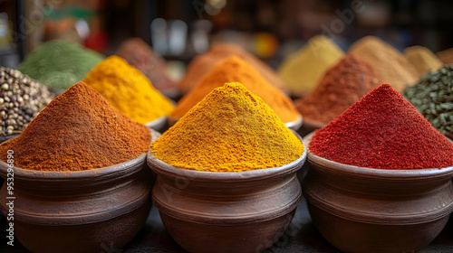 Colorful spices in bowls at...