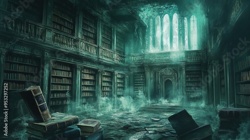 This image features an eerie, abandoned library with towering bookshelves filled with old, dusty books. The scene is saturated in greenish light creating an otherworldly atmosphere. Light streams thro photo