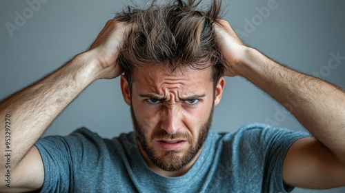 Frustrated Man, A man expressing extreme irritation and stress by pulling his hair, showcasing a clear sign of frustration and emotional distress