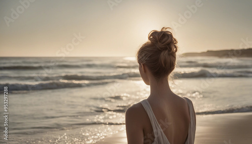 A candid photograph of a woman standing on a sandy beach, facing the ocean. Her back is to the camer photo