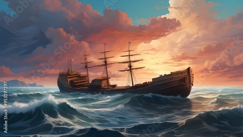 This is a generative AI graphic featuring a lovely scene of an ancient, laden cargo ship floating on a tumultuous, wavy sea against a backdrop of bright skies.
