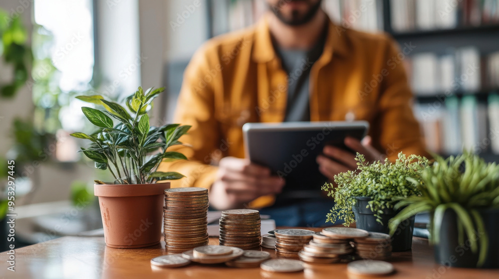 Modern Finance, A man sits in a vibrant workspace, holding a tablet, surrounded by coins and a plant, symbolizing the blend of technology and finance Modern Finance, A man sits in a vibrant workspace, holding a tablet, surrounded by coins and a plant, symbolizing the blend of technology and finance