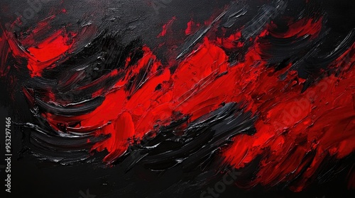 Abstract art with red and black paint strokes on canvas.