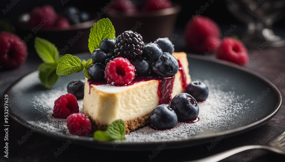 A close-up image of a gourmet dessert plate featuring a slice of rich, creamy cheesecake topped with A close-up image of a gourmet dessert plate featuring a slice of rich, creamy cheesecake topped with