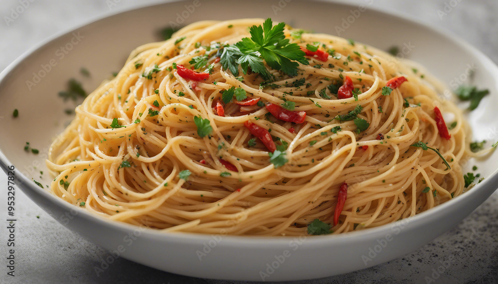 A close-up of a bowl of freshly cooked spaghetti, topped with finely chopped parsley and red pepper A close-up of a bowl of freshly cooked spaghetti, topped with finely chopped parsley and red pepper