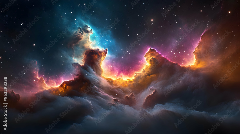 Cosmic clouds of gas and dust illuminated by starlight in a deep space nebula. Cosmic clouds of gas and dust illuminated by starlight in a deep space nebula.