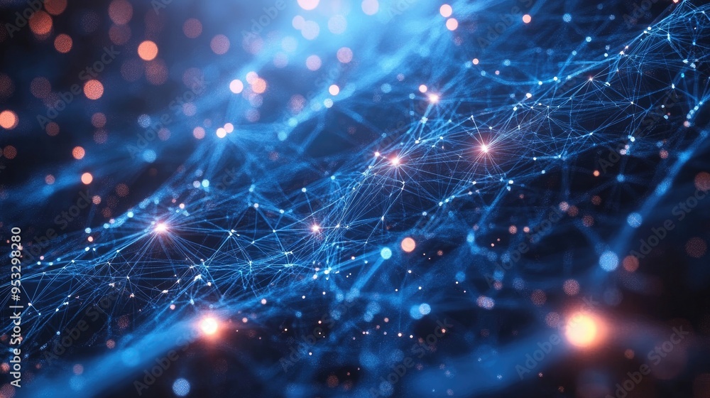 Fototapeta premium A futuristic technology network background with a complex web of connections and glowing points, representing data flow and connectivity.