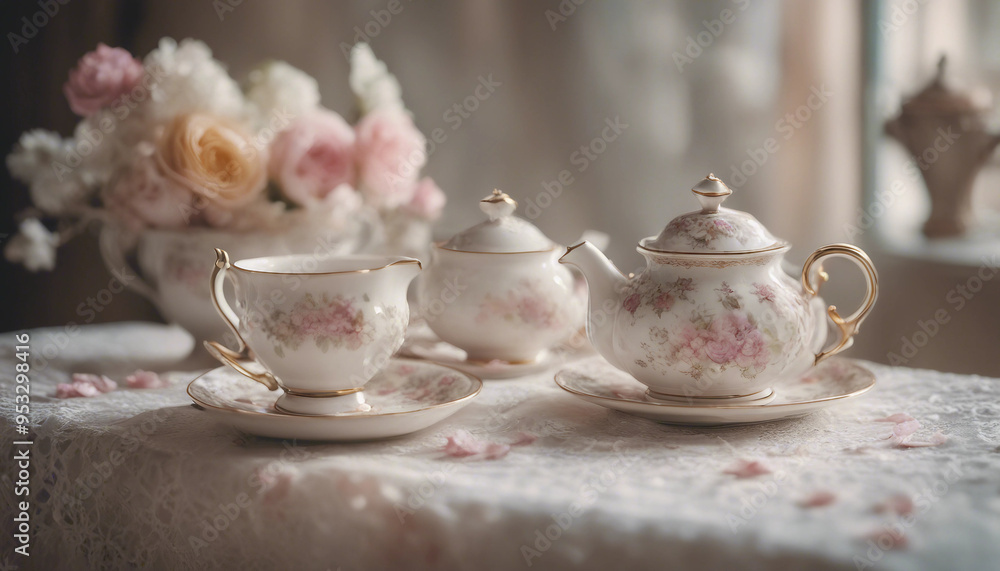 A close-up of an elegant tea set placed on a vintage lace tablecloth. The tea cups and teapot are de A close-up of an elegant tea set placed on a vintage lace tablecloth. The tea cups and teapot are de
