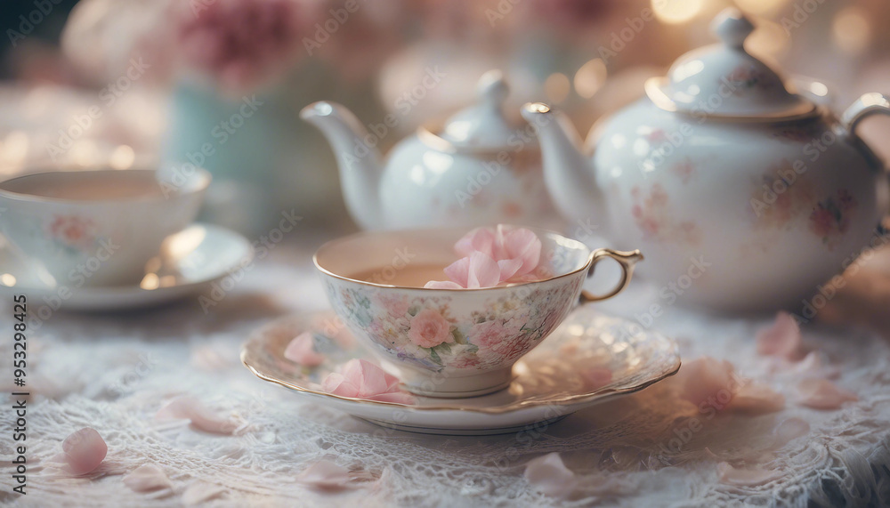 A close-up of an elegant tea set placed on a vintage lace tablecloth. The tea cups and teapot are de A close-up of an elegant tea set placed on a vintage lace tablecloth. The tea cups and teapot are de