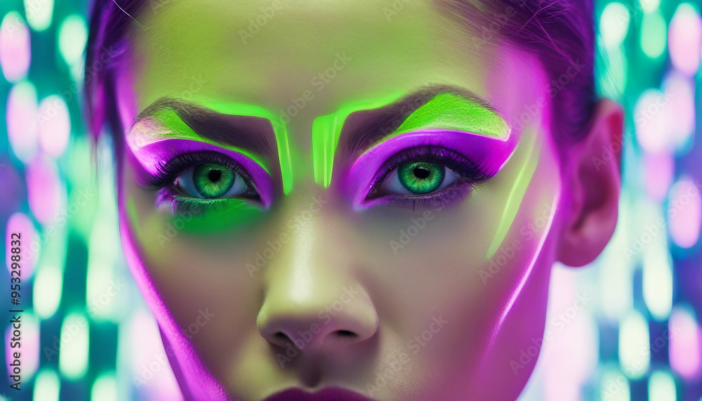 A close-up portrait of a woman with futuristic makeup, featuring bold, neon colors. Her skin is illu A close-up portrait of a woman with futuristic makeup, featuring bold, neon colors. Her skin is illu