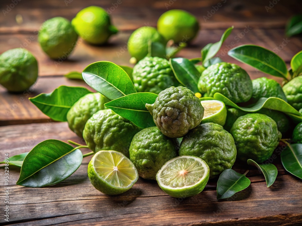 Freshly harvested kaffir lime fruits scattered on a rustic wooden table, surrounded by fragrant leaves and stems, with a warm, natural light illuminating the scene. Freshly harvested kaffir lime fruits scattered on a rustic wooden table, surrounded by fragrant leaves and stems, with a warm, natural light illuminating the scene.