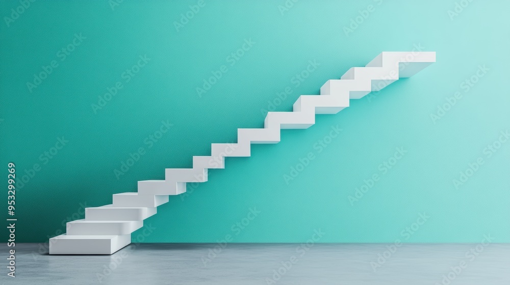 Modern White Staircase Ascending Against a Minimalistic Turquoise Wall Art Modern White Staircase Ascending Against a Minimalistic Turquoise Wall Art