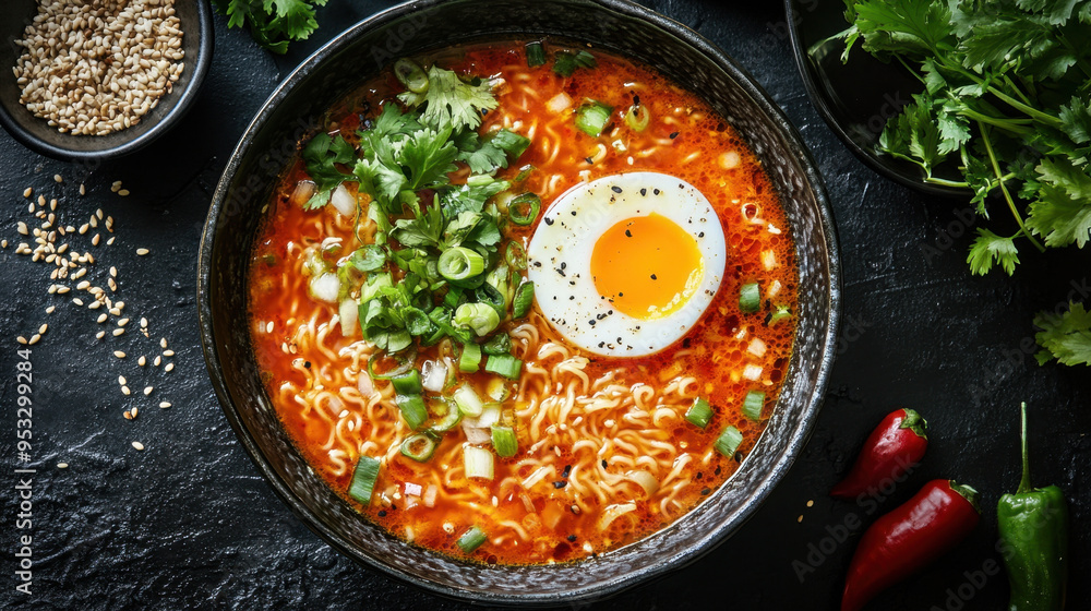 Asian Noodle Soup, A bowl of flavorful Asian noodle soup topped with a soft egg and fresh garnishes, beautifully presented on a black table Asian Noodle Soup, A bowl of flavorful Asian noodle soup topped with a soft egg and fresh garnishes, beautifully presented on a black table