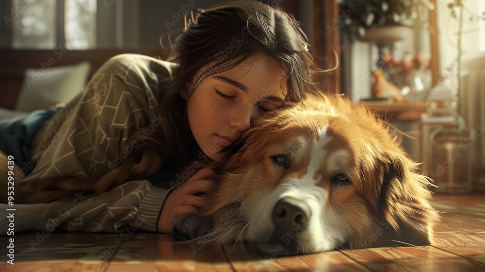 girl hugging a lying dog, cozy home interior girl hugging a lying dog, cozy home interior