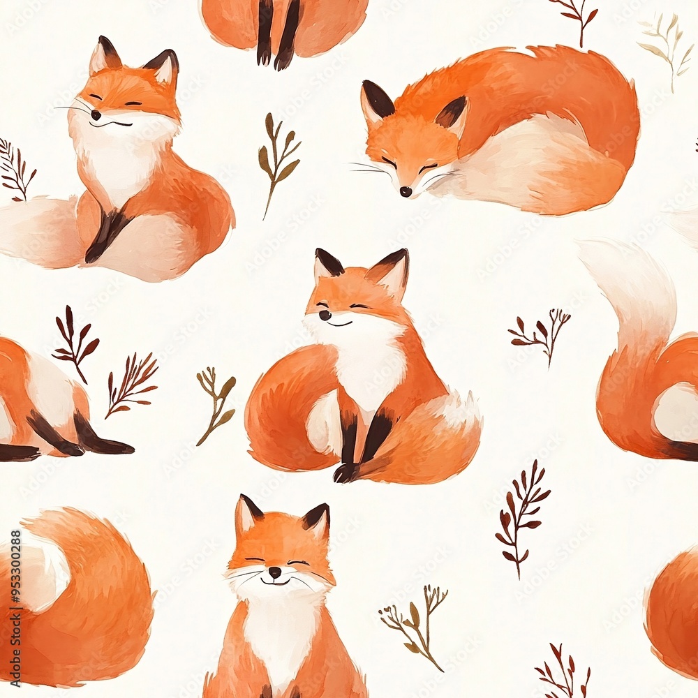 Adorable Sleeping and Sitting Foxes Pattern with Minimalistic Branches Adorable Sleeping and Sitting Foxes Pattern with Minimalistic Branches