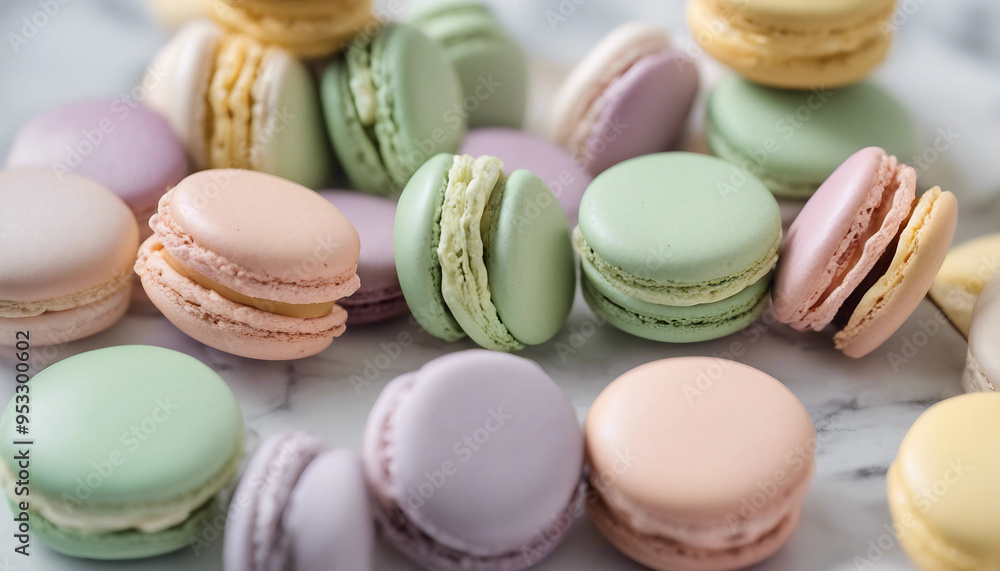 A delightful arrangement of colorful macarons in pastel shades of pink, yellow, lavender, and mint g A delightful arrangement of colorful macarons in pastel shades of pink, yellow, lavender, and mint g