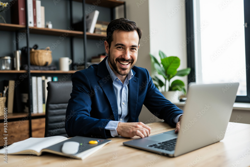 Smiling employer conducts virtual job interview: Modern recruitment for HR, career services, and e-learning Smiling employer conducts virtual job interview: Modern recruitment for HR, career services, and e-learning