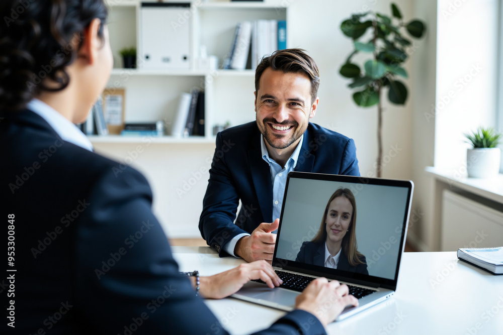 Smiling employer conducts virtual job interview: Modern recruitment for HR, career services, and e-learning Smiling employer conducts virtual job interview: Modern recruitment for HR, career services, and e-learning