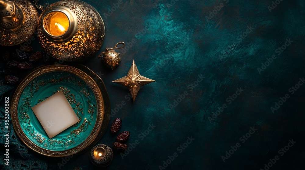 Fototapeta premium Elegant evening setting with ornate lanterns, a turquoise plate, and dates, creating a warm, inviting atmosphere.