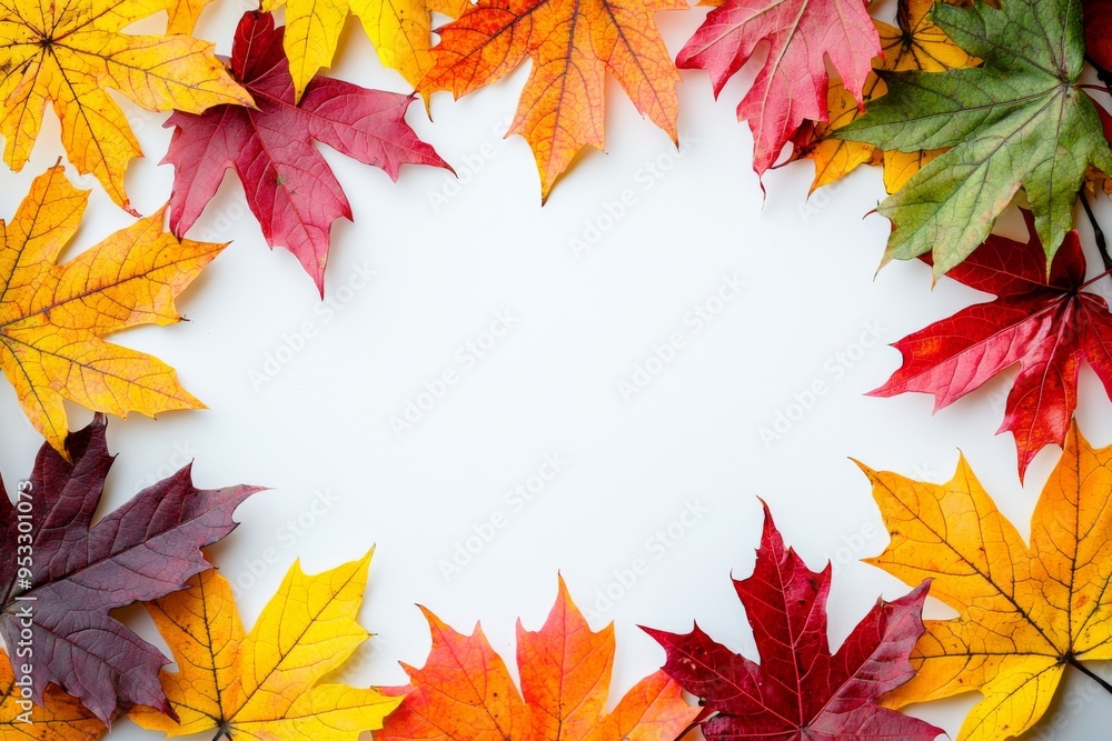 Fototapeta premium Autumn Maple Leaves Flat Lay White Background created with Generative AI