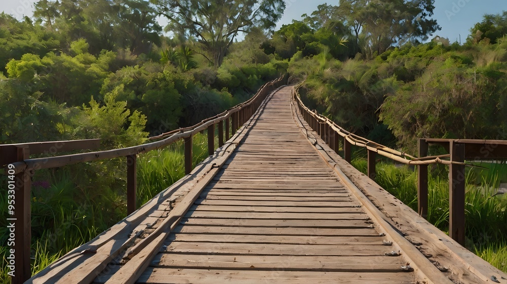 A wooden bridge with railings leading through a lush green forest. A wooden bridge with railings leading through a lush green forest.