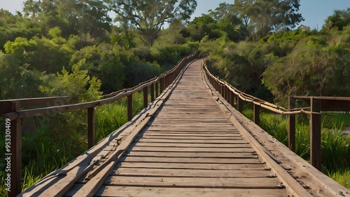 A wooden bridge with railings leading through a lush green forest.