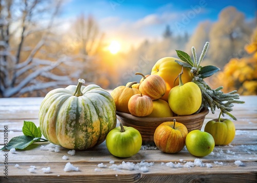 Freshly picked wintermelon quince fruit arranged on a rustic wooden table against a soft, blurred winter landscape, evoking a sense of cozy seasonal simplicity.