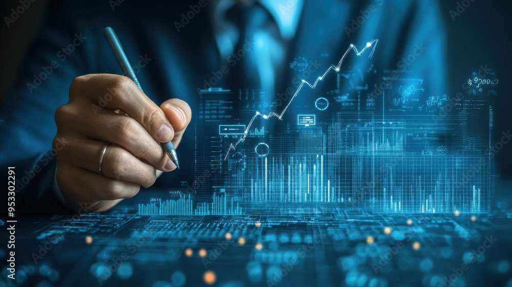 Fototapeta premium Business Growth Analysis, A businessman is drawing a growth graph and examining financial data while planning business strategies against a blue background