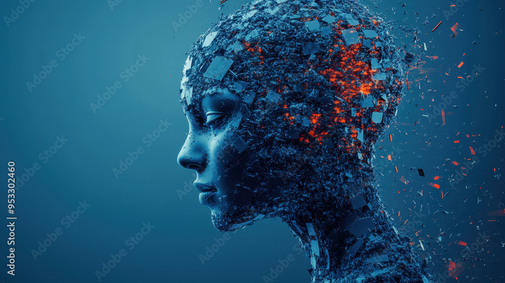 Human Silhouette, A captivating digital artwork of a human figure in pieces, set against a blue background, representing the blend of technology and self-identity Human Silhouette, A captivating digital artwork of a human figure in pieces, set against a blue background, representing the blend of technology and self-identity