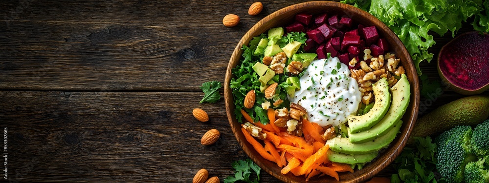 Vegetable bowl with avocado, beets and carrots, served in wooden plate on brown table Vegetable bowl with avocado, beets and carrots, served in wooden plate on brown table