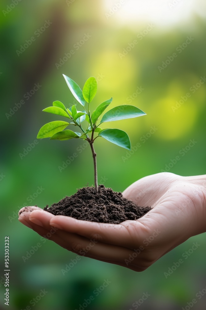 A close-up of a hand gently holding a young green seedling in fresh soil, against a blurred natural background.