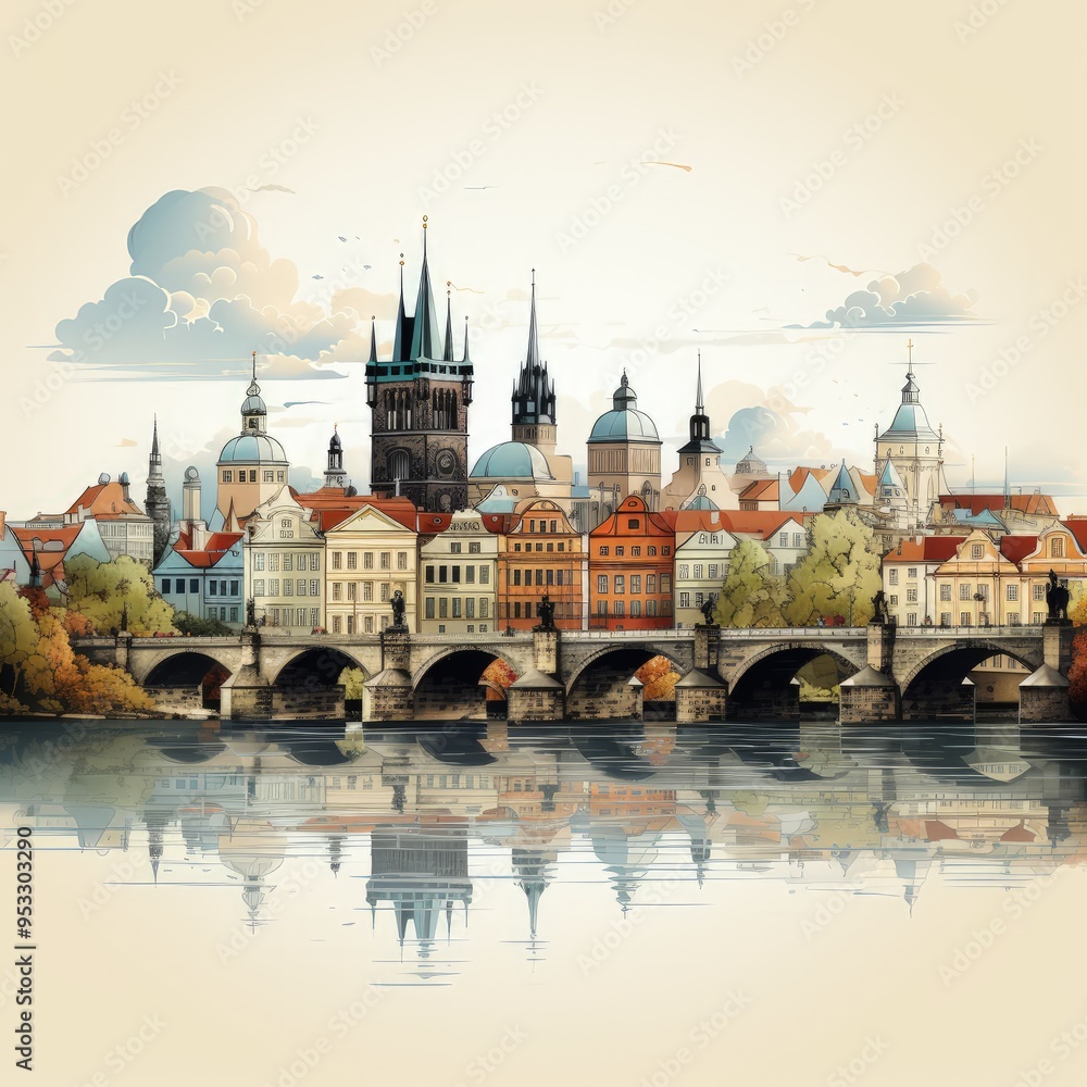 Fototapeta premium Minimalistic Illustration of Prague's Iconic Cityscape in Modern Style