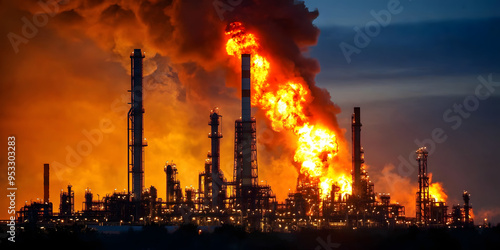 Oil refinery with towering structures and flames photo