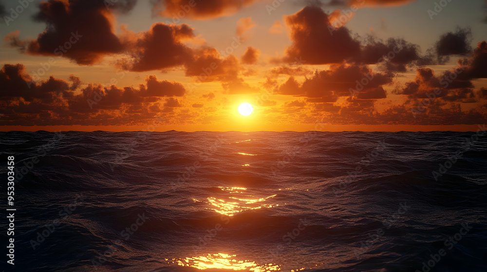 Obraz premium Dramatic sunset over a vast ocean, with the sun setting in the distance behind a layer of clouds.