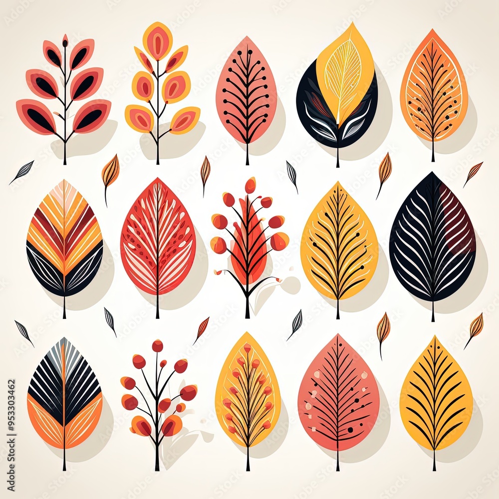 Fototapeta premium Minimalistic Collection of Leaves in Flat Style on White Background