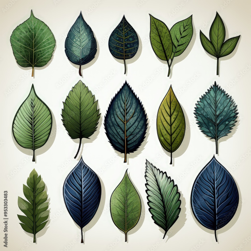 Obraz premium Minimalistic Collection of Leaves in Flat Style on White Background