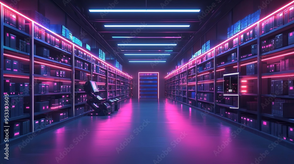 A futuristic storage environment with AI, machine learning, and robotic systems working together to optimize inventory management through realtime data analytics A futuristic storage environment with AI, machine learning, and robotic systems working together to optimize inventory management through realtime data analytics