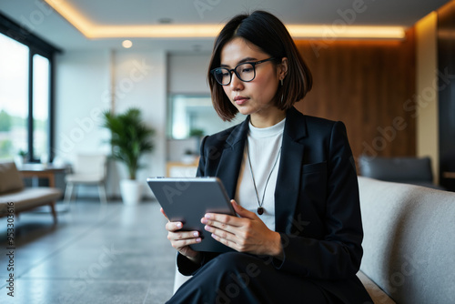 Confident businesswoman with tablet in clinic: Balancing health and career for modern professionals