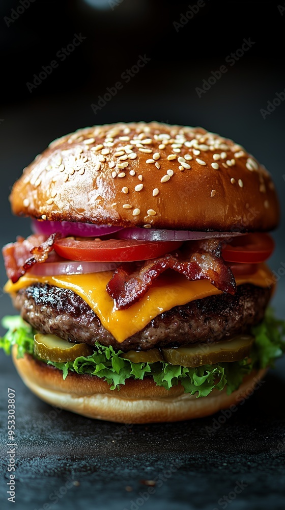 Mouth-watering bacon cheeseburger with fresh toppings on a sesame seed bun, captured in delicious detail. Mouth-watering bacon cheeseburger with fresh toppings on a sesame seed bun, captured in delicious detail.