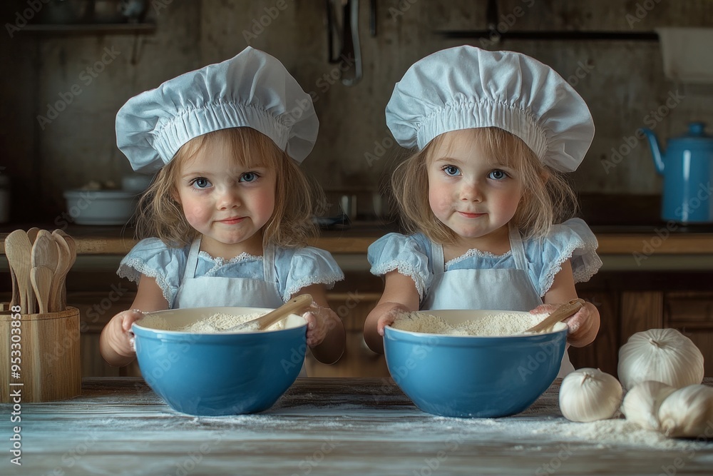 Two cute little girls wearing chef hats holding bowls while baking in the kitchen Two cute little girls wearing chef hats holding bowls while baking in the kitchen