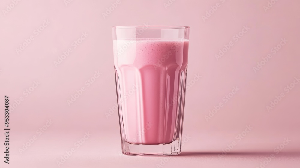 Glass of Refreshing Pink Strawberry Smoothie on Solid Pink Background Glass of Refreshing Pink Strawberry Smoothie on Solid Pink Background