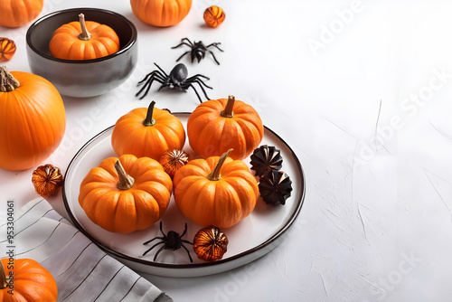 Zucca ed elementi che richiamano la festa di Halloween. e dell'autunno con sfondo bianco e spazio per testo photo