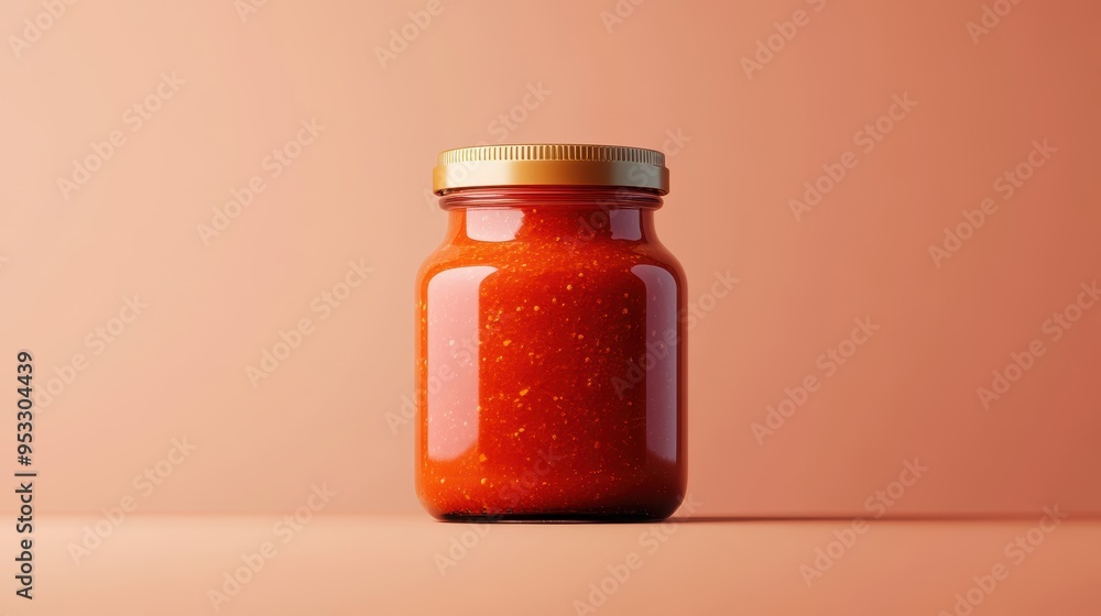 Close-Up of a Jar Filled with Red Tomato Sauce with Golden Lid on Peach Background Close-Up of a Jar Filled with Red Tomato Sauce with Golden Lid on Peach Background