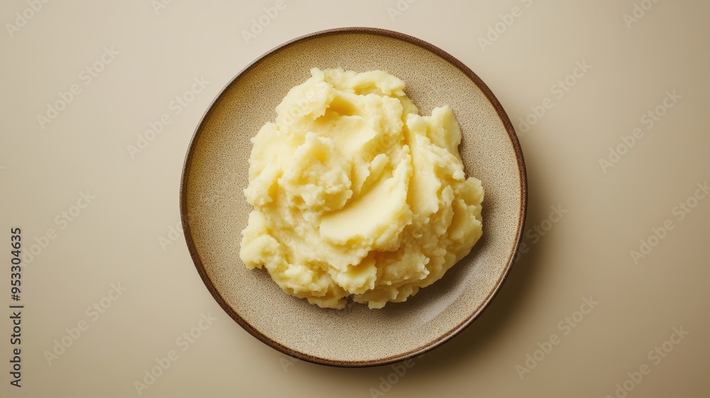 Creamy Mashed Potatoes on Round Brown Plate with Soft Beige Background Creamy Mashed Potatoes on Round Brown Plate with Soft Beige Background