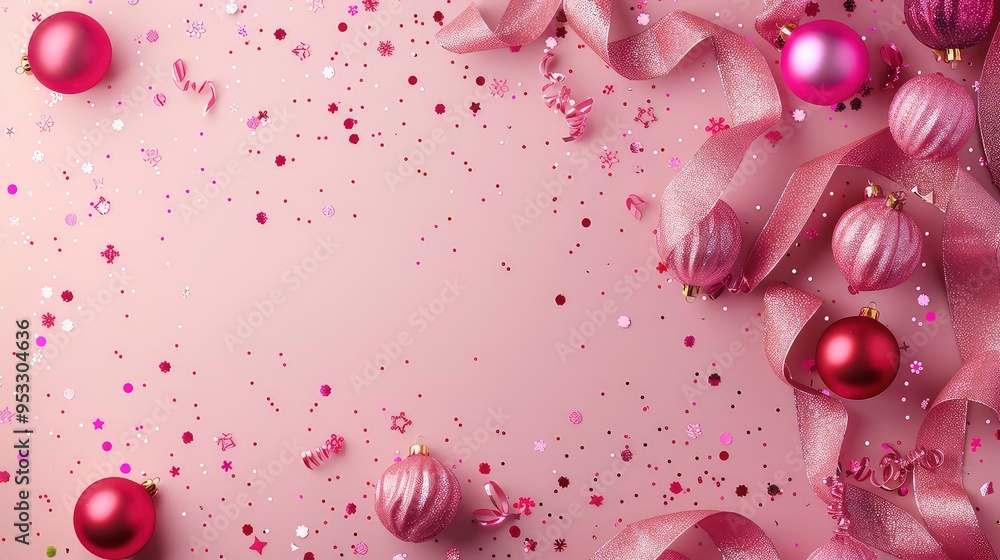 Pink Christmas Ornaments, Confetti and Ribbon on a Pink Background. Pink Christmas Ornaments, Confetti and Ribbon on a Pink Background.